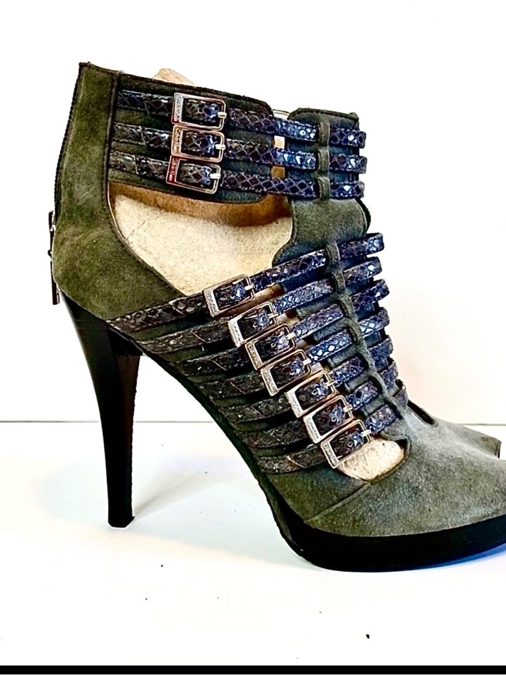 Calvin Klein Faux Snake Skin & Grey Suede Strappy Peep-Toe Stiletto